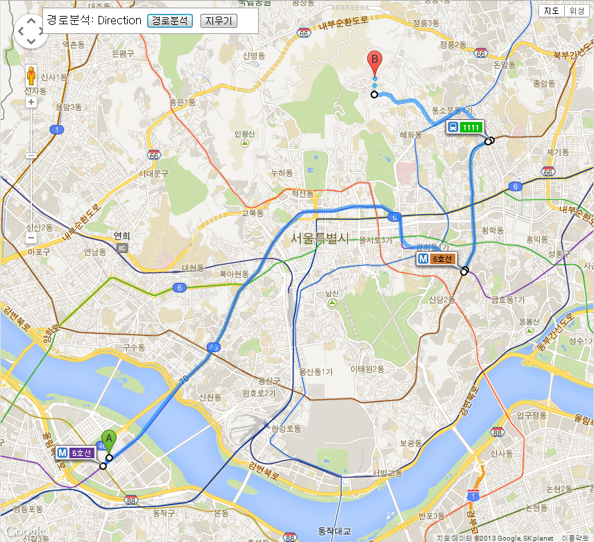 여의도에서 성북동까지 JavaScript API를 이용한 대중교통 길찾기 분석