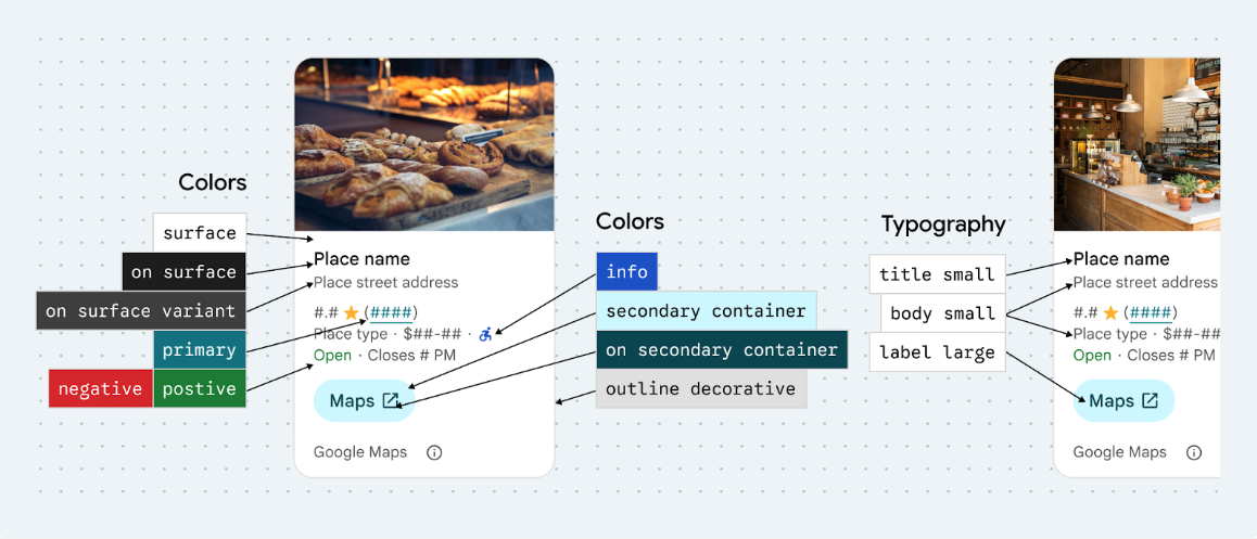 색상과 스타일을 조정할 수 있는 Places UI Kit 디자인 설정 UI