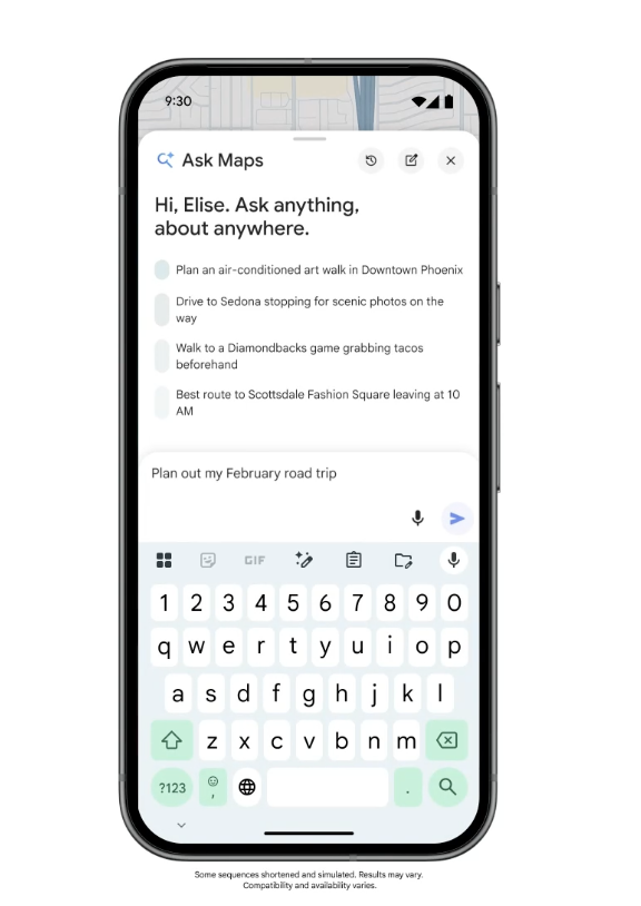 Ask Maps 대화형 검색 화면. "Hi, Elise. Ask anything, about anywhere."라는 문구와 함께 "다운타운 피닉스에서 에어컨 있는 미술관 산책 코스 추천", "세도나까지 드라이브하며 풍경 사진 찍을 곳 추천" 등 예시 질문이 표시되어 있으며, 하단 입력창에 "Plan out my February road trip"이 입력된 스마트폰 화면.