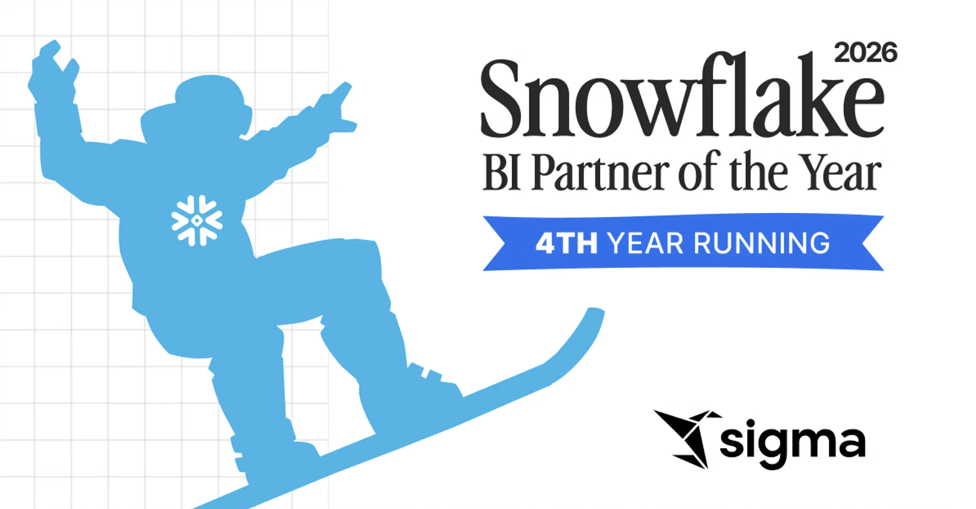 Sigma๊ฐ 2026๋
Snowflake BI Partner of the Year๋ฅผ 4๋
์ฐ์(4th Year Running) ์์ํ ๊ฒ์ ์๋ฆฌ๋ ๊ณต์ ๊ทธ๋ํฝ. ์ค๋
ธ๋ณด๋๋ฅผ ํ๋ ํ๋์ ์ค๋ฃจ์ฃ๊ณผ SnowflakeยทSigma ๋ก๊ณ ๊ฐ ํจ๊ป ํ์๋์ด ์๋ค.Sigma๊ฐ 2026๋
Snowflake BI Partner of the Year๋ฅผ 4๋
์ฐ์(4th Year Running) ์์ํ ๊ฒ์ ์๋ฆฌ๋ ๊ณต์ ๊ทธ๋ํฝ. ์ค๋
ธ๋ณด๋๋ฅผ ํ๋ ํ๋์ ์ค๋ฃจ์ฃ๊ณผ SnowflakeยทSigma ๋ก๊ณ ๊ฐ ํจ๊ป ํ์๋์ด ์๋ค.